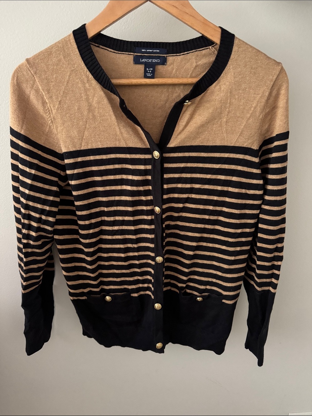 Lands' End Black and Tan Striped Button-Up Cardigan